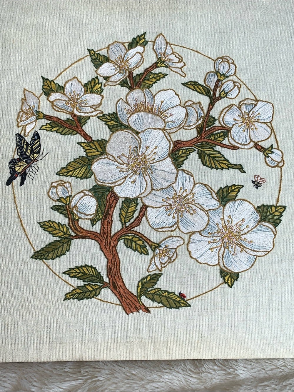 Vtg needlepoint apple tree blossoms 18inch square
